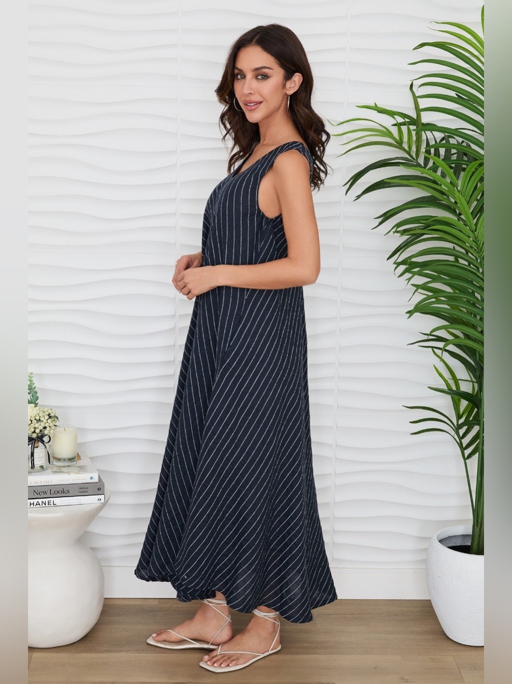 (155094R-TEXTURESTRIPE-W/N) TEXTURED STRIPE LINEN V-NECK MAXI TANK DRESS - Picture 2 of 3